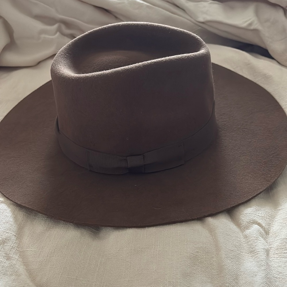 Brown flat brim fedora